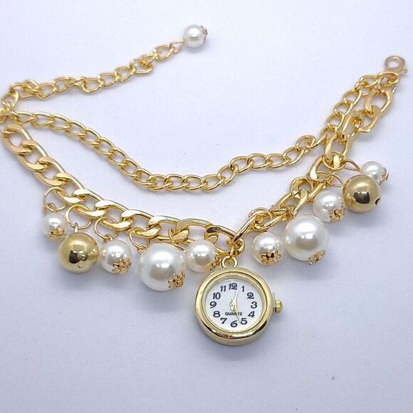 Gold Pearl Charm Bracelet Watch Accent Timeless Trendy Elegant Women's Jewelry - Picture 6 of 8